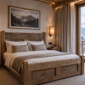 19th Century Solid Oak Bed – Alpine Chalet Style, Rustic Patina, Handcrafted Bedroom Furniture