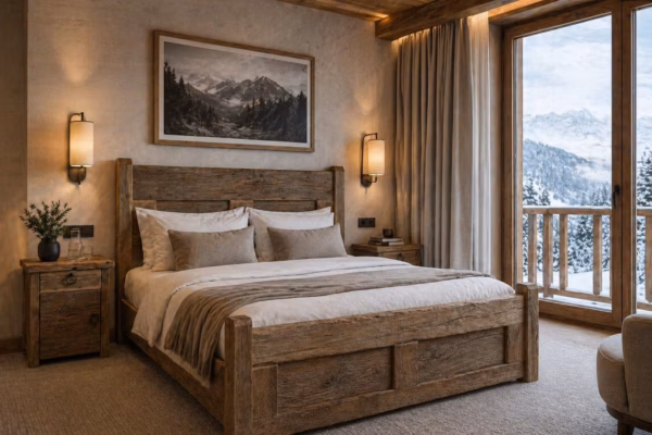 19th Century Solid Oak Bed – Alpine Chalet Style, Rustic Patina, Handcrafted Bedroom Furniture